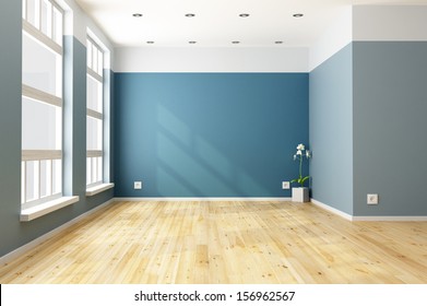 Empty Blue Living Room With Big Windows - Rendering