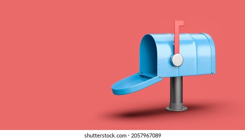 Empty Blue Mailbox On Red Background With Copy Space 3D Illustration