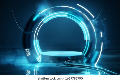 Empty Blue Neon Futuristic Lighting Stage And Platform, Product Placement 3D Illustration.