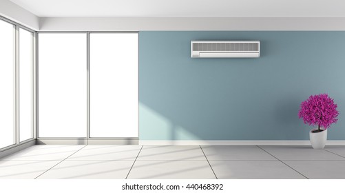 Empty blue room with air conditioner and large windows - 3d rendering