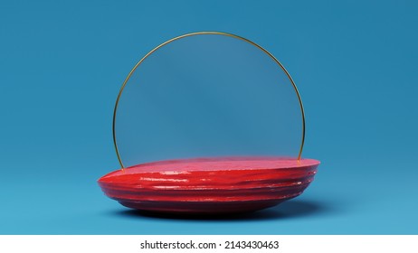 An Empty Blue Tint Movie Theater Mock Up, Cinema Screen Template, White Large Screen, Red Chairs, No People, 3D Rendering