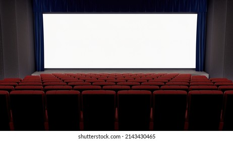 An Empty Blue Tint Movie Theater Mock Up, Cinema Screen Template, White Large Screen, Red Chairs, No People, 3D Rendering