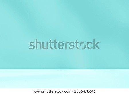 Empty blue turquoise room studio with shadow of leaves on concrete wall and floor for product presentation. Sunlight effect shadow. Minimal winter backdrop. Cosmetic, beauty and fashion showroom.