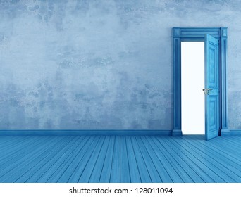 Empty  Blue Vintage Room With Open Old Door - Rendering