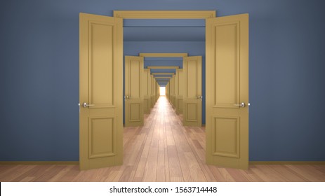 Empty blue and yellow architectural interior with infinite open doors, endless corridor of doorway, walkaway, labyrinth. Move forward, opportunities, future, concept with copy space, 3d illustration