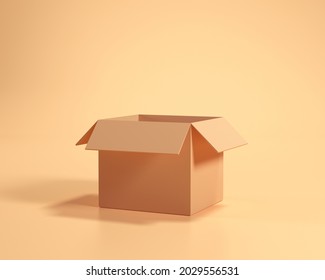 Empty Box Cartoon Style On Yellow Background. 3d Render Illustration