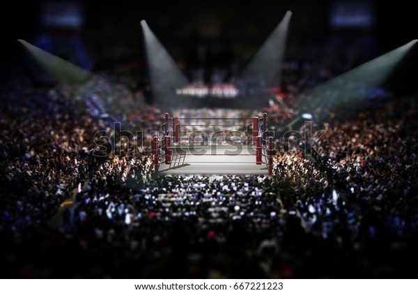 Empty boxing ring surrounded with\
spectators. 3D\
illustration.