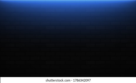 Empty brick wall with blue neon light with copy space. Lighting effect blue color glow on brick wall background. Royalty high-quality free stock photo image of blank, empty background for texture