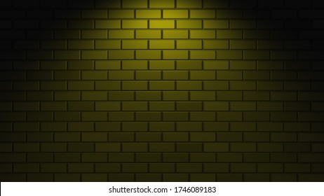 Empty Brick Wall yellow Neon Light With Copy Space. Lighting Effect Green Color Glow On Brick Wall Background. Royalty High-quality Free Stock Image Of Blank Background For Texture. 3D Illustration