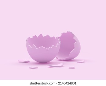 Empty broken eggshell on a pastel pink background.3D illustration 