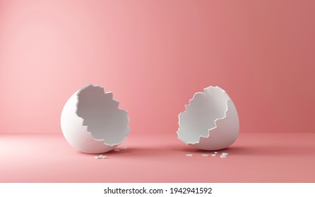 Empty Broken White Egg on Pink studio background. 3d rendering