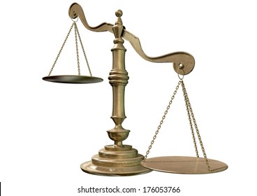 An empty bronze justice scale with one side outweighing the the other on an isolated background