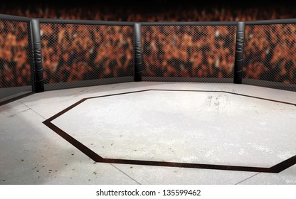 Fondo del octógono de combate en jaula vacío con multitud.  Arena de lucha de artes marciales mixtas