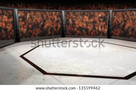 Empty Cage fighting octagon background with crowd.  Mixed Martial Arts Fighting Arena