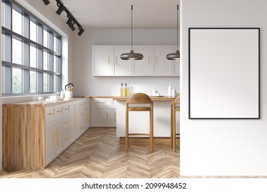 Empty Canvas On White Wall And Blue Kitchen Corner Interior With Window Over Sink And Breakfast Bar On Background. Parquet Flooring. Concept Of Modern Design. Mockup. 3d Rendering