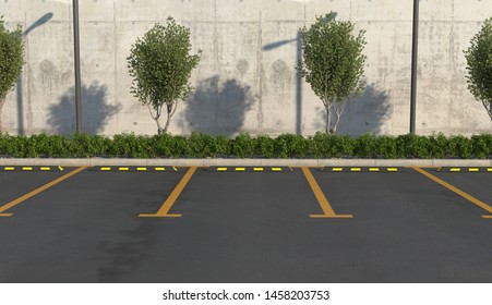 Empty car parking without cars. Parking spaces, sidewalk for pedestrians with flower bed. 3D render.