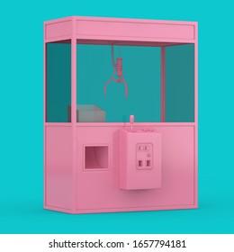 Empty Carnival Pink Toy Claw Crane Arcade Machine In Duotone Style On A Blue Background. 3d Rendering 