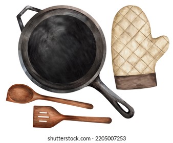 Empty Cast Iron Saucepan, Spoon, Spatula And Potholder On A White Isolated Background, Top View. Watercolor Illustration. Suitable For Butcher Shop, Kitchen, Restaurant And Menu