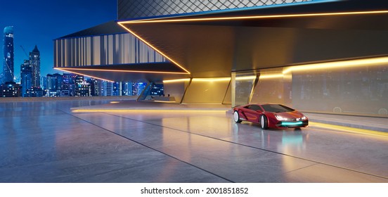 Empty cement floor with modern building exterior and brandless electric EV car. 3d rendering with my own creative design. - Powered by Shutterstock