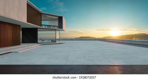 Empty cement floor with steel and modern building exterior.  Morning scene. Photorealistic 3D rendering.