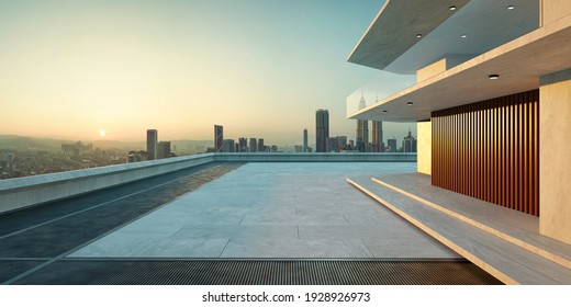 Leerer Zementboden mit Stahlpflaster, modernes Gebäude, Stadtlandhintergrund.  Sonnenaufgang. Fotorealistische 3D-Darstellung.