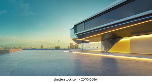 Leerer Zementboden mit Stahlpflaster, modernes Gebäude, Stadtlandschaft Hintergrund.  Sonnenaufgang. Fotorealistische 3D-Darstellung.
