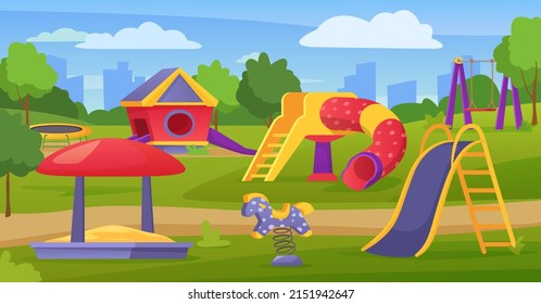 Empty children outdoor playground in city park or schoolyard. Cartoon kindergarten play area with slide, swing, sandbox  illustration. Trampoline activity for playtime leisure