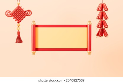 Empty Chinese style scroll, Chinese new year element, empty scroll template, happy new year, Spring Festival theme background, 3d rendering. 3d illustration. - Powered by Shutterstock