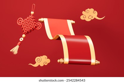 Empty Chinese style scroll, Chinese new year element, empty scroll template, happy new year, Spring Festival theme background, 3d rendering. 3d illustration.