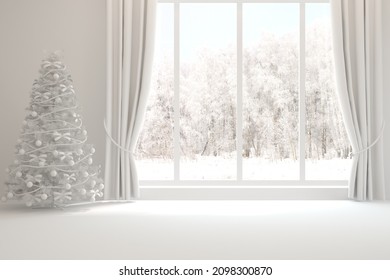 Empty Christmas Interior Of Living Room. Scandinavian Design. 3D Illustration