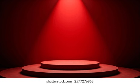 Empty circular platform in vivid red environment with glowing center spotlight ideal for bold creative display or artistic product promotion. 3d rendering