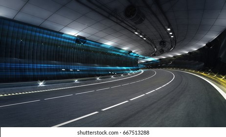 Empty City Freeway Tunnel With Spotlights, Transportation Theme 3D Illustration Rendering