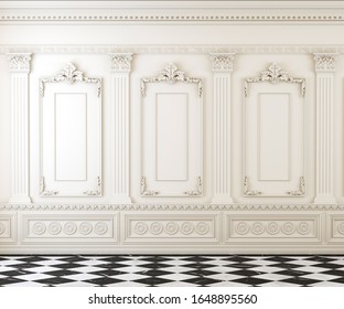 Empty Classic Room With Moulding On Wall And Chequed Marble Foor, White Bright Empty Interior With Copy Space, Arquitectural Mockup, 3d Render