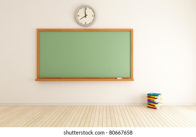 empty classroom with green blackboard and stack of book - rendering