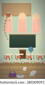 An empty classroom illustration featuring a green chalkboard, arched windows with warm sunset hues, a hanging potted plant, a small globe, and scattered student belongings on the floor creating a nostalgic after-school atmosphere.