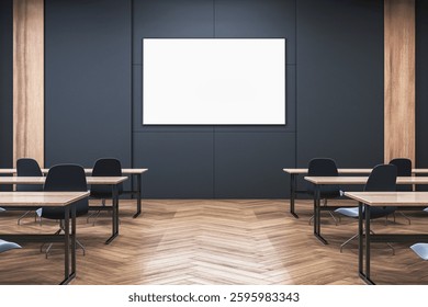 Empty classroom with seats and blank screen. Modern style on dark background. Concept of education. 3D Rendering