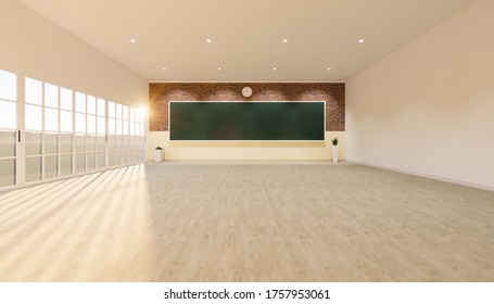 Empty classroom for teach and learn. Interior floor decoration by wood with texture.  Include green board or chalkboard with coppy space for draw and write surface. Education background. 3d render.