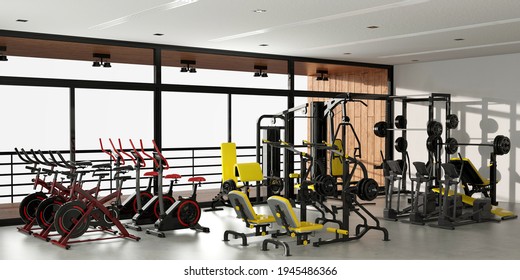 Empty Clean Fitness Center With Lots Of Weight Machines And Cardio Machines (3d Rendering)