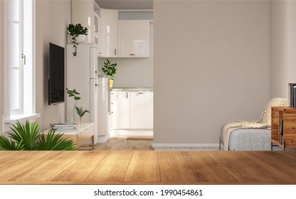 Empty Clean And Polished Wooden Table In A Studio Apartment That Show Living Area With Sofa And Wall TV Next To Kitchen Room  Products Display. 3D Rendering, Home, Products, Mock Up, Background.