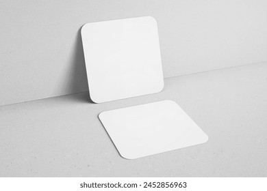 empty clean square shape brand identity business name calling card with rounded corner leaning to wall realistic mockup design template 3d render illustration