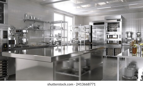 Empty clean stainless steel island table in commercial, professional bakery kitchen with convection, deck oven, freezer, refrigerator, shelf, cabinet, equipment in background 3D - Powered by Shutterstock