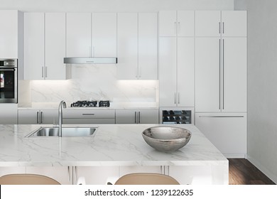 Empty Clean White Kitchen With Island And Barstools 3d Render Close Up