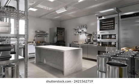 Empty clean white marble top counter table in commercial, professional bakery kitchen, stainless steel convection deck oven, kneading machine, shelf, cabinet for industrial restaurant background 3D