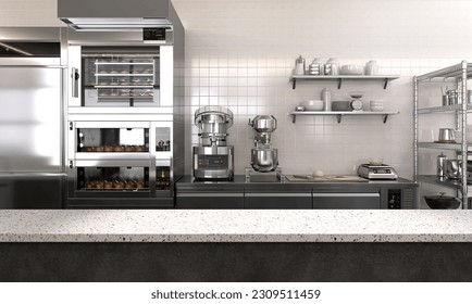 Empty clean white terrazzo top island table counter in commercial, professional bakery kitchen, stainless steel convection, deck oven, freezer, refrigerator, shelf, cabinet, bread for background 3D