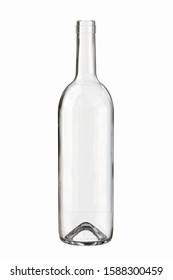 Empty Clear Glass Bottle For Wine. 750, 1000 Ml, 25.36 Oz, 75, 100 Cl, 1, 0.75 L Of Volume. 3D Illustration Isolated On White Background.