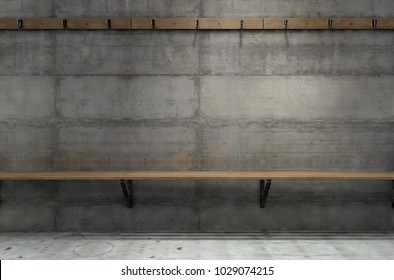 An empty clothes hanging rack above an empty wooden bench against a concrete wall in a rundown locker change room - 3D render