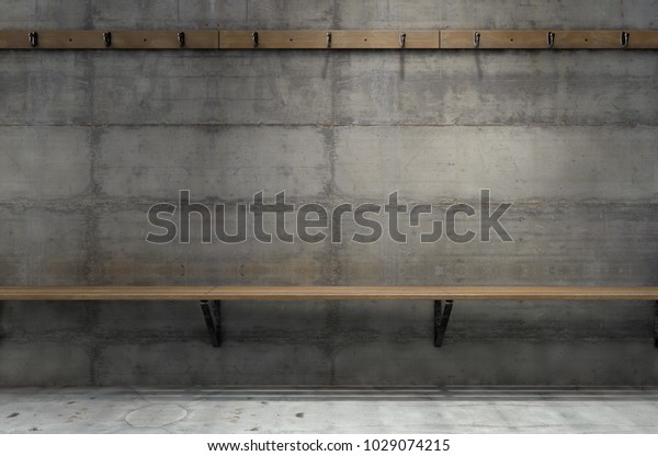An empty clothes hanging rack above an empty\
wooden bench against a concrete wall in a rundown locker change\
room - 3D render