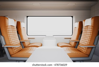 Empty Comfortable Modern Orange Color Leather Armchairs Inside Business Class Cabin Fast Speed Train.White Window Generic Design Interior Background.Blank Canvas Travel Message.Mockup.3d Rendering