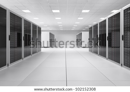 Empty Computer Center with neon lights and reflective floor