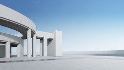 Empty Concrete Floor For Car Park. 3d Rendering Of Abstract White Curved Building With Blue Sky Background.